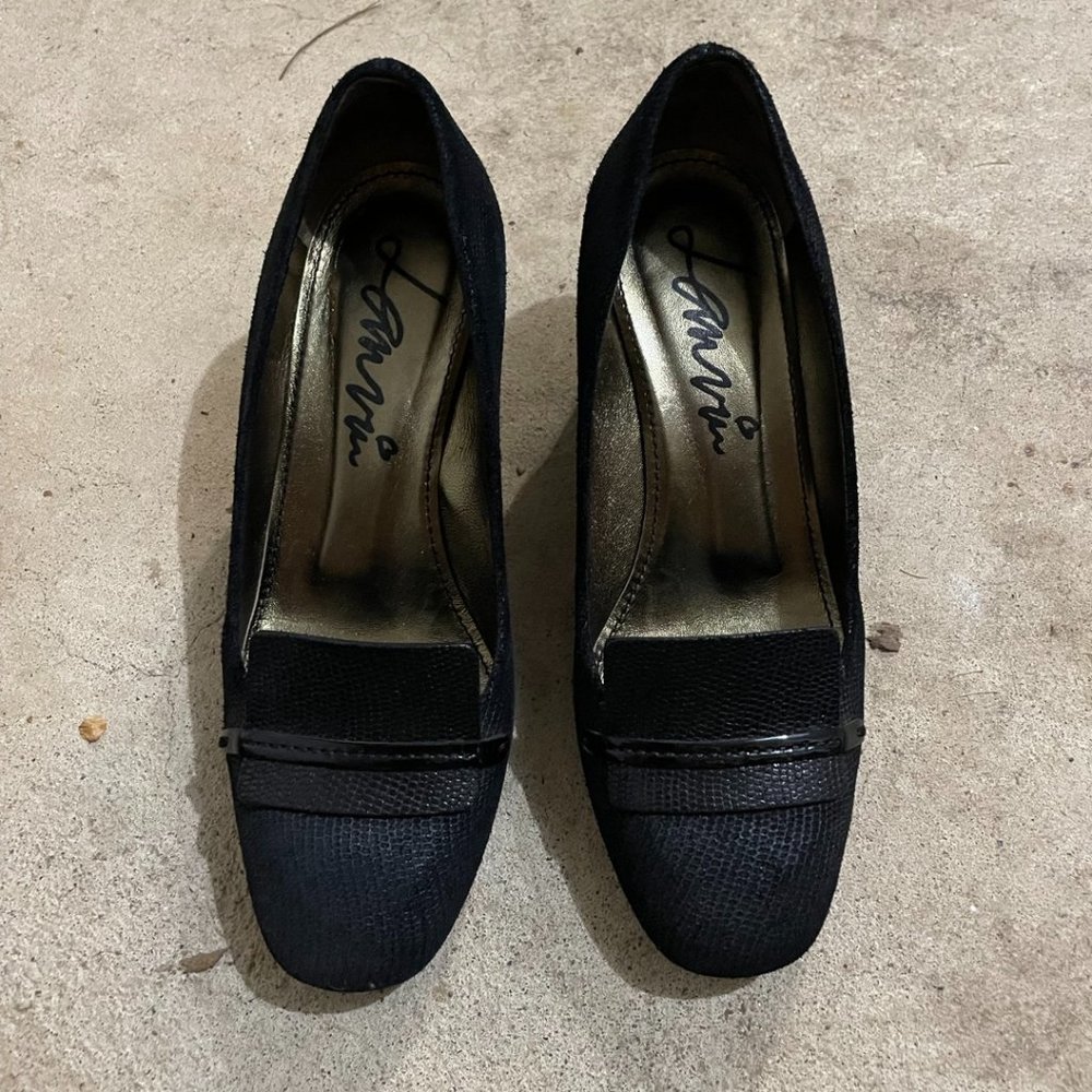 Lanvin Embossed Black Leather Block Medium Heel Pumps 35.5  (5.5)
